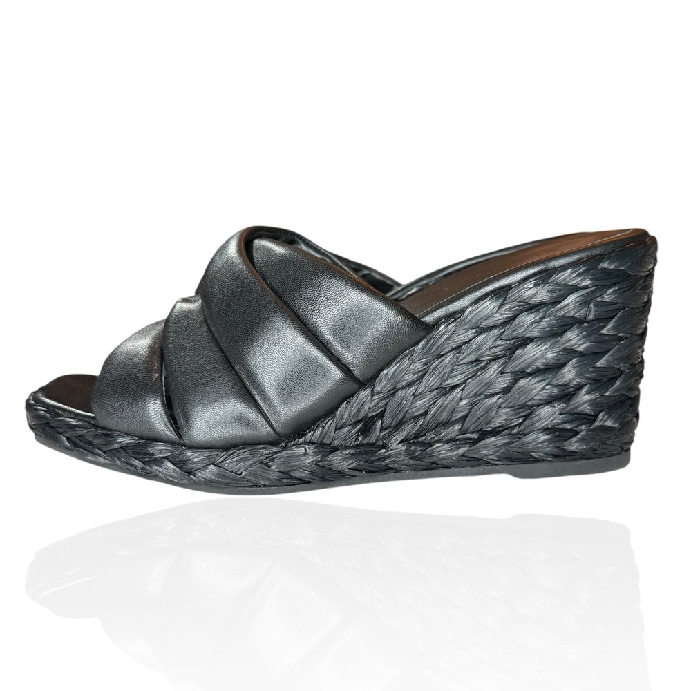 Vince Camuto Lauren Beverlin Poppy Black Leather High Wedge Slip On Sandal 9M US